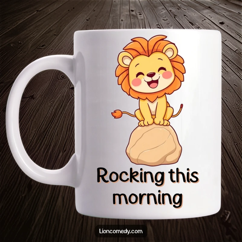 Funny lion balancing mug featuring a joyful lion in mid-balance on a round rock, embodying fun and playful energy.