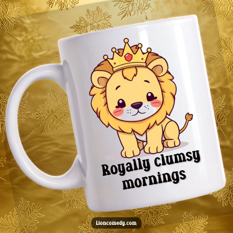 Funny kawaii lion mug showing a cute lion in a tiny crown looking regal, then hilariously stumbling with comical grace.