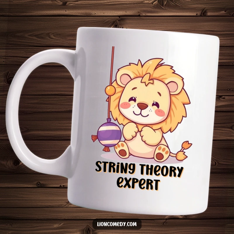 Funny mug showing a kawaii lion with playful paws batting at a dangling string toy, full of mischief.
