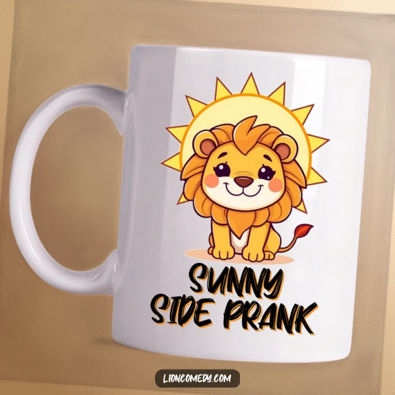Funny mug showing a kawaii lion with a mischievous grin, hiding playfully behind a large, bright sun.