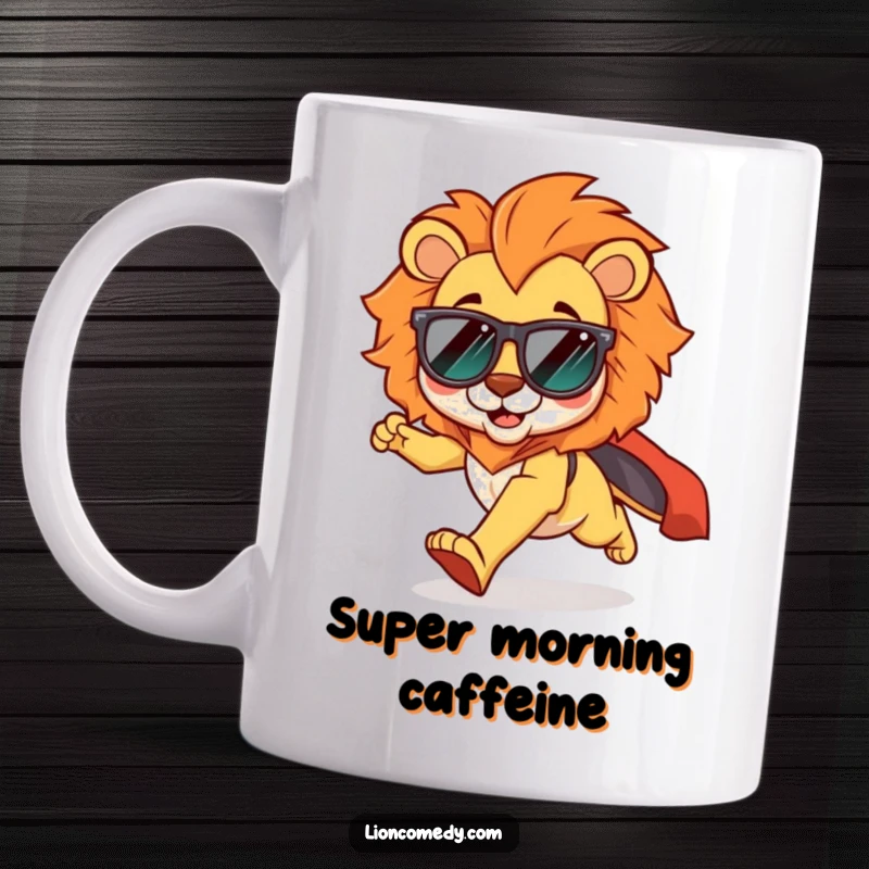 Funny kawaii lion mug showing a cool lion wearing shades, excitedly running with a flowing cape, radiating pure, fun energy.