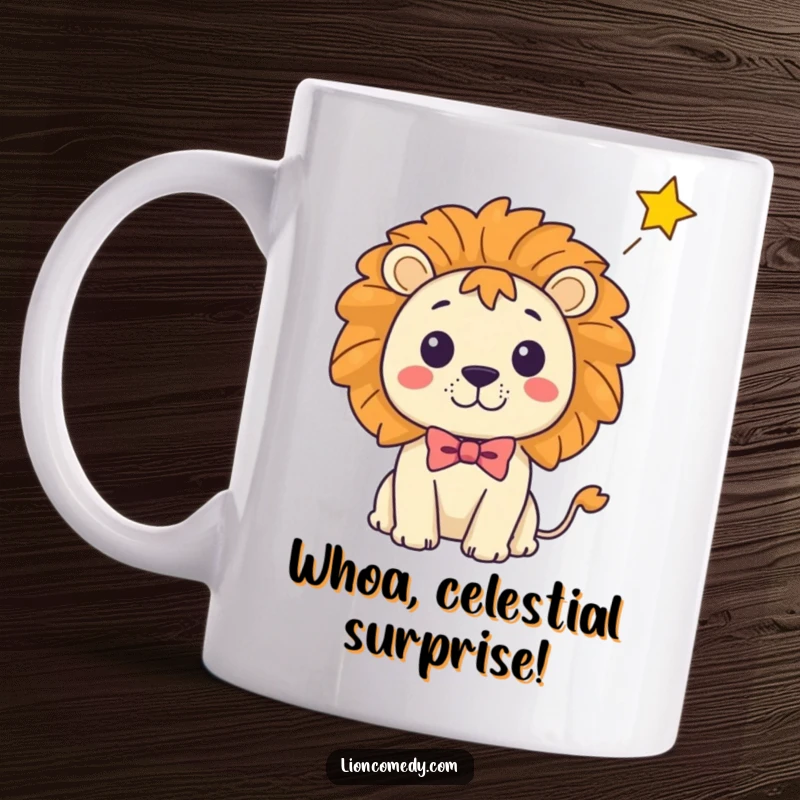 Funny Kawaii Lion Mug: A cute lion in a bow tie looks shocked as a star falls, perfect for gifting.