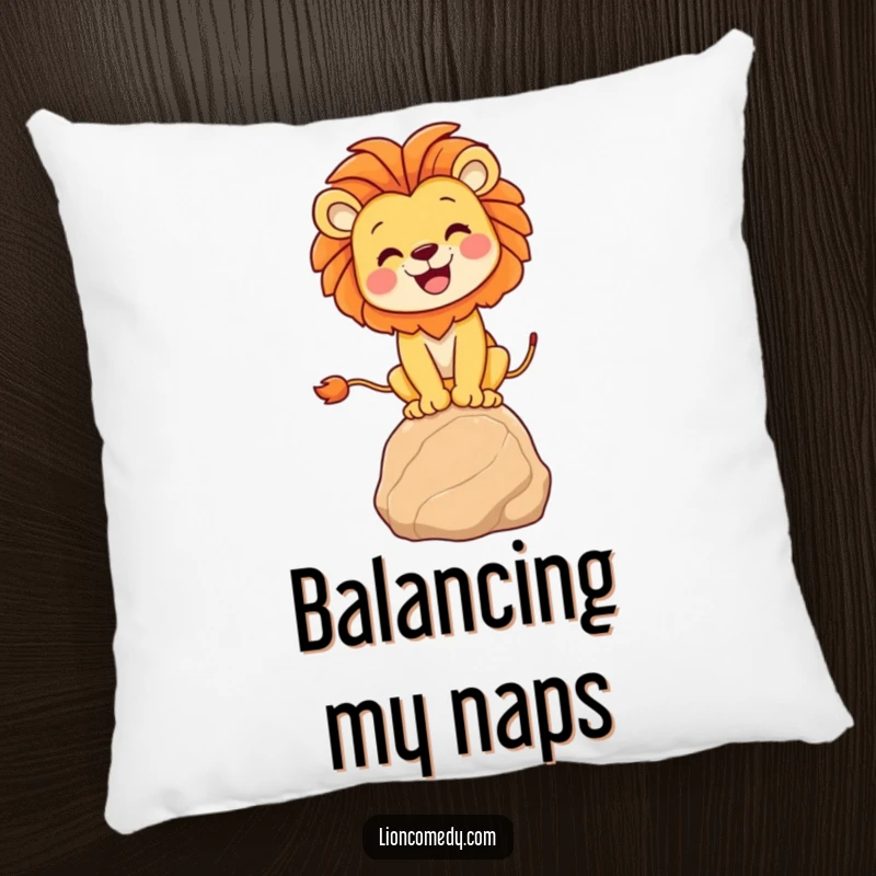 Funny lion balancing pillow featuring a joyful lion on a rock, offering plush comfort and a humorous, uplifting design.