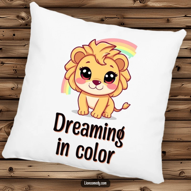 Funny pillow featuring a cute, wide-eyed lion character happily chasing a shimmering rainbow, offering comfort and dreams.