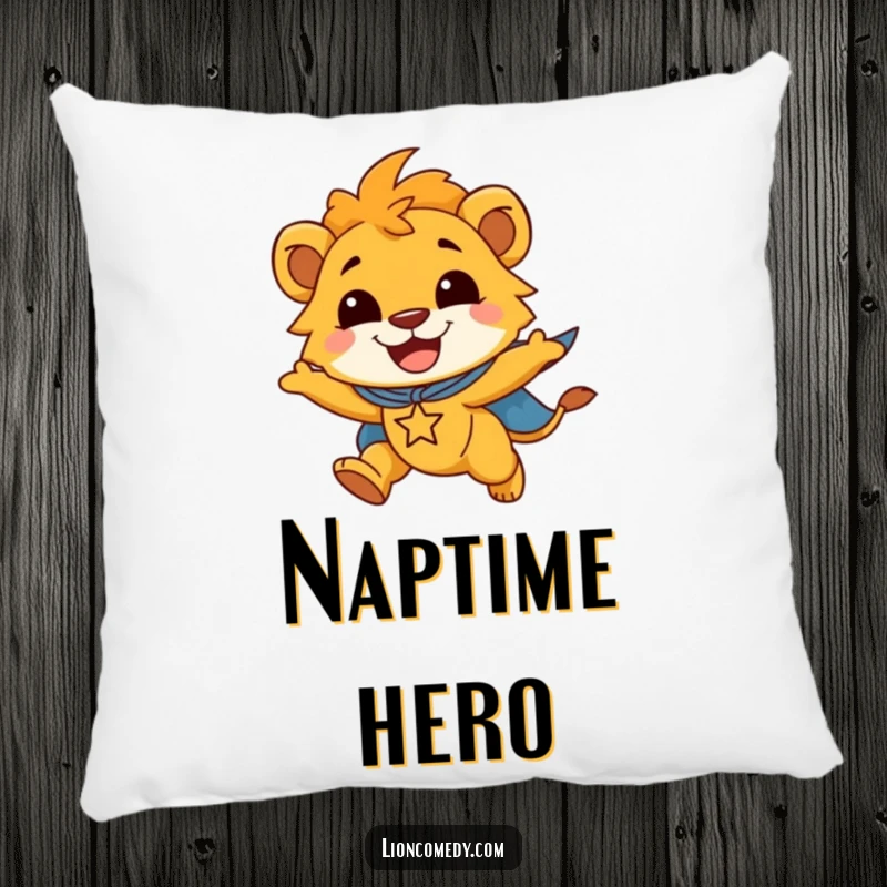 Funny pillow featuring a smiling lion cub wearing a superhero cape, flying joyfully, perfect for cozy heroic dreams.