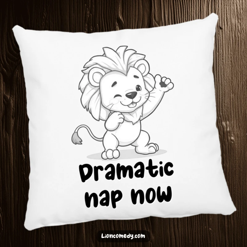Funny kawaii lion pillow with a cute lion striking a dramatic pose, then humorously tripping, adding comfort and hilarity.