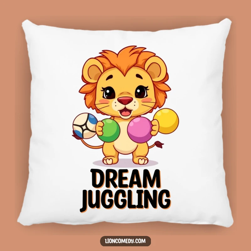 Rest your head on inspiration with this soft pillow featuring a focused kawaii lion juggling! Comfort meets concentration.