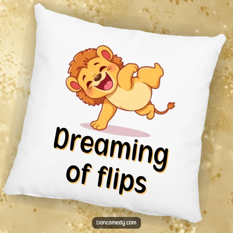 Funny pillow featuring an energetic lion cub performing a clumsy somersault with a joyful expression, perfect for cozying up.