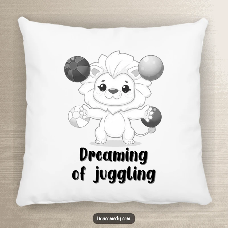 Funny kawaii lion pillow with a cute, determined lion skillfully juggling three colorful balls, adding comfort and humor.