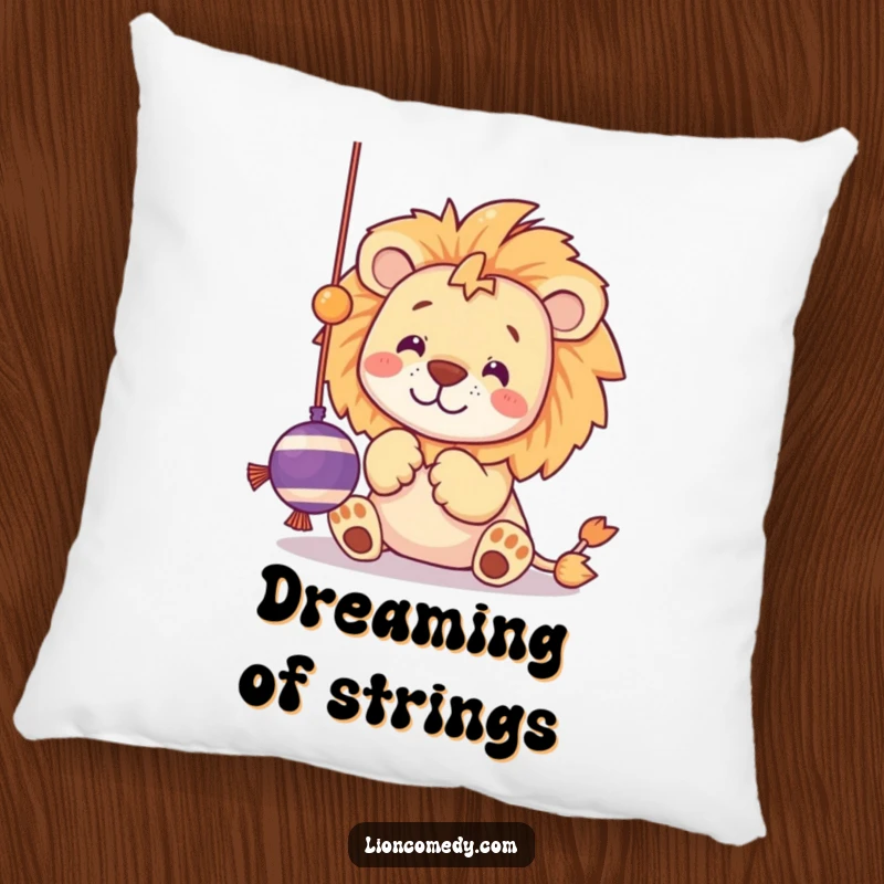 Funny pillow with a kawaii lion batting at a dangling string toy with playful paws, offering cozy fun.