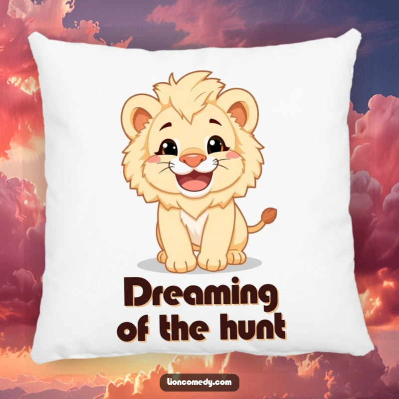 A soft pillow featuring a fluffy lion cub with a big grin, pouncing playfully, perfect for a cozy accent.