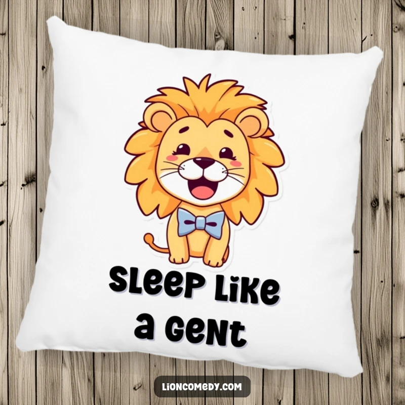 Funny Pillow showcasing a dapper lion with a goofy smile, wearing a tiny bow tie, offering soft comfort and humorous charm.