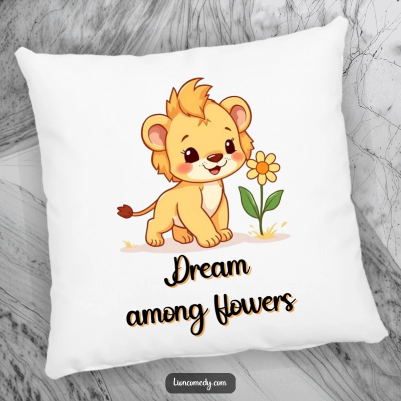 Funny Pillow showcasing a joyful lion cub with a spring in its step, approaching a giggling flower, offering soft comfort and playful humor.