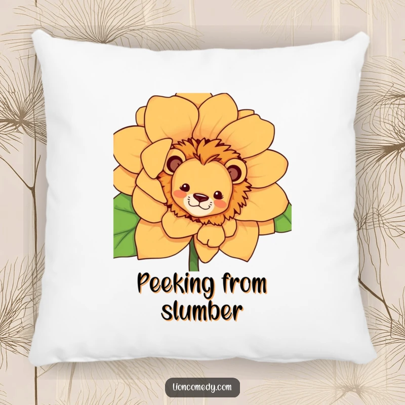 Funny curious lion pillow, peeking from behind a large flower, perfect for adding comfort and playful charm.