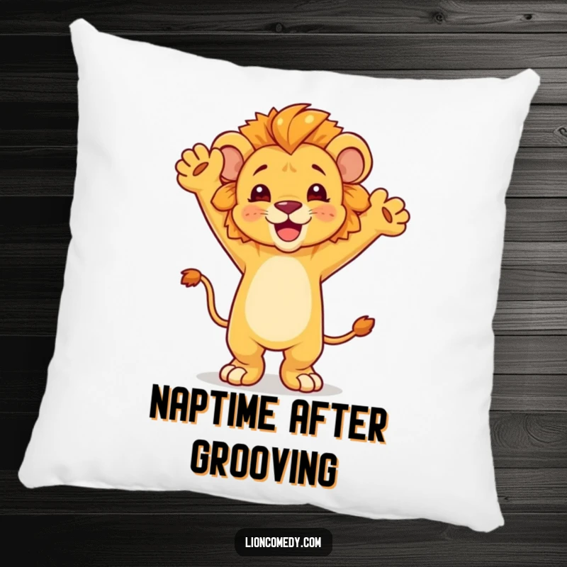 Funny dancing lion cub pillow, arms raised in a celebratory dance, soft and plush, bringing joy and fun to decor.
