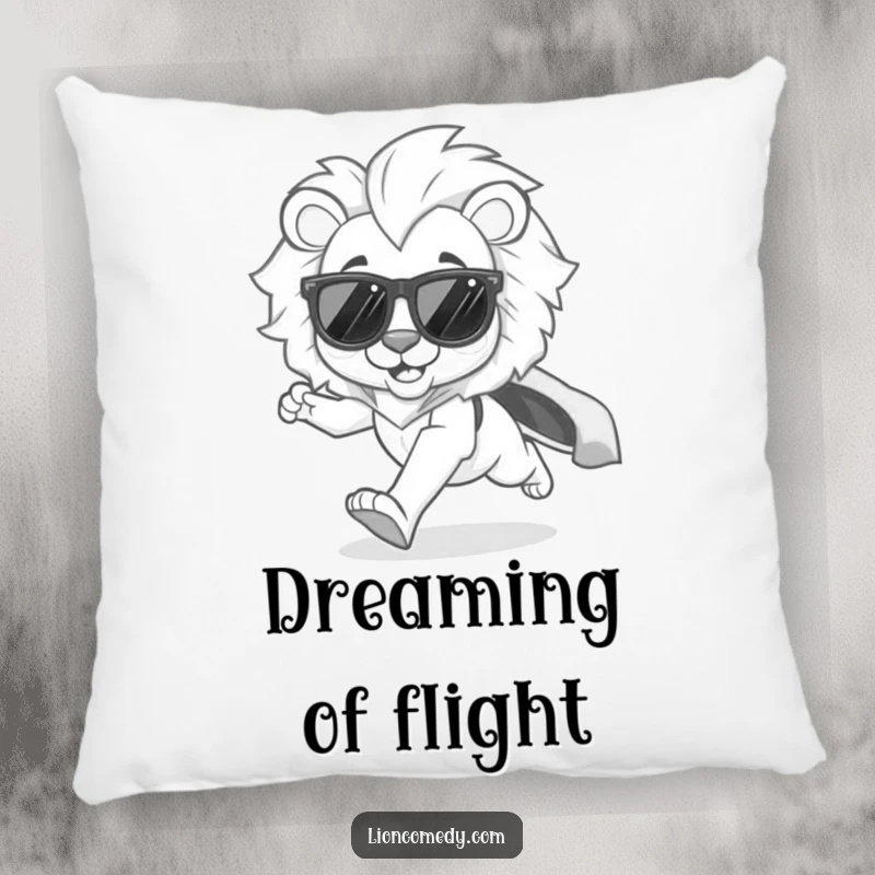 Funny kawaii lion pillow with a cool lion in shades, running excitedly with a cape flowing, adding comfort and fun.