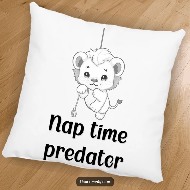 Funny kawaii lion cub pillow featuring a charming cub playfully pouncing on a dangling string, adding a touch of lighthearted fun to decor.