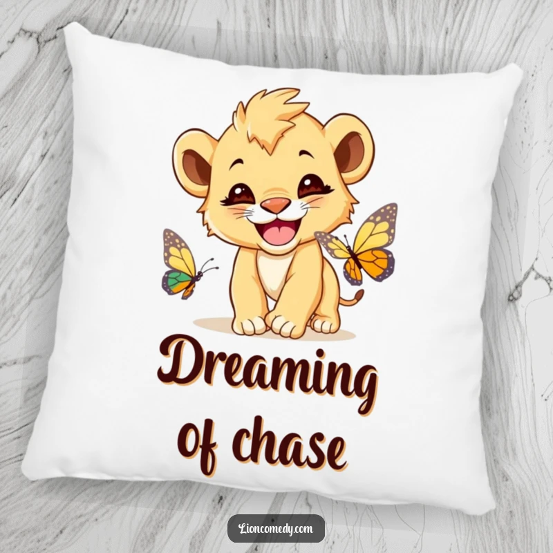 Funny Lion Cub Butterfly Pillow, a cute lion cub with a wide grin, playfully chasing a butterfly, offering cozy comfort.