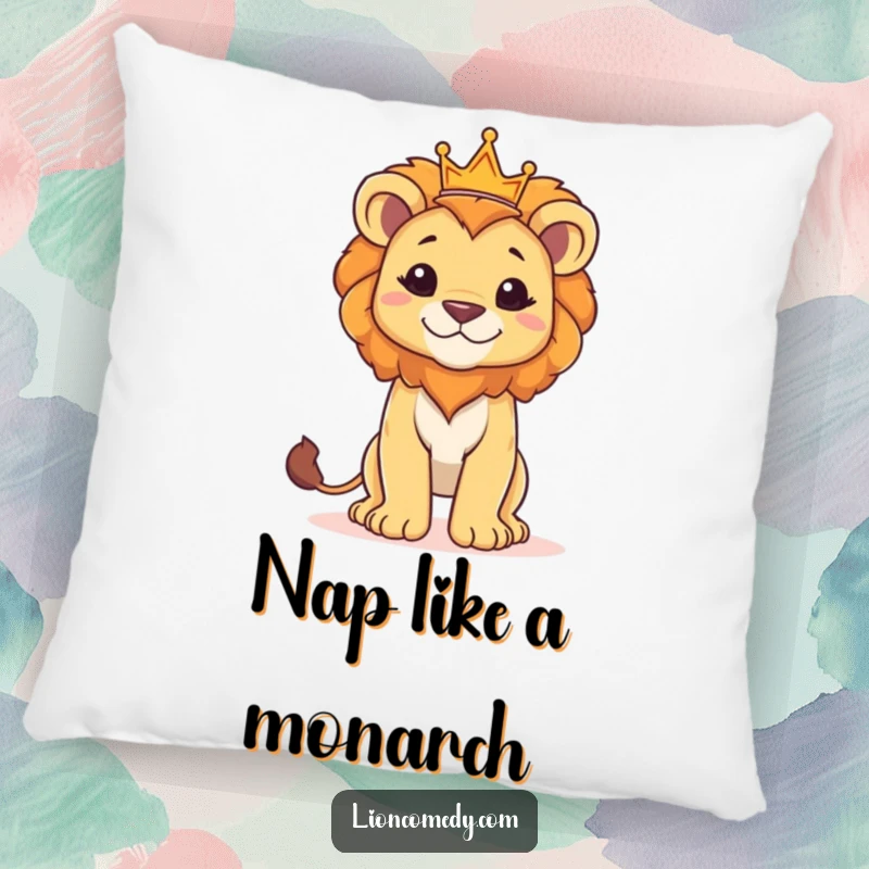 Funny pillow with a proud lion cub standing tall and wearing a small crown, adding regal comfort and humor.