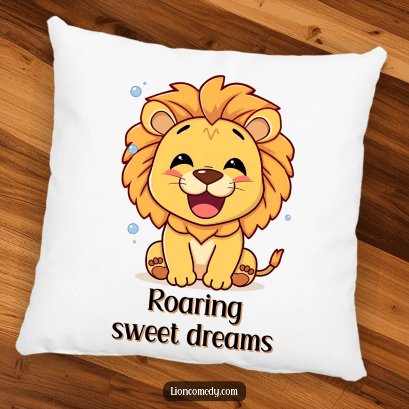 Funny Roaring Lion Bubbles Pillow, a smiling lion roaring a happy sound with tiny, effervescent bubbles, offering cozy comfort.