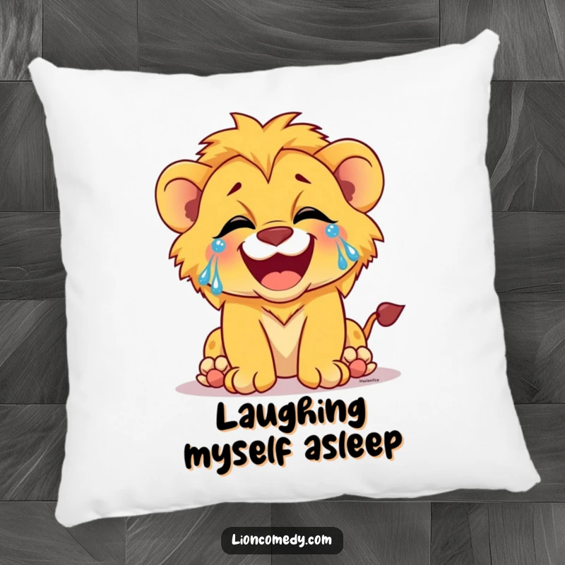Funny pillow with a lion cub laughing with tears of joy streaming down its face, adding comfort and humor.