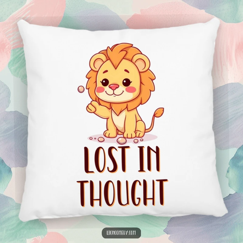 Funny kawaii lion cub with a curious head tilt, juggling shiny pebbles, on a soft and cuddly pillow.