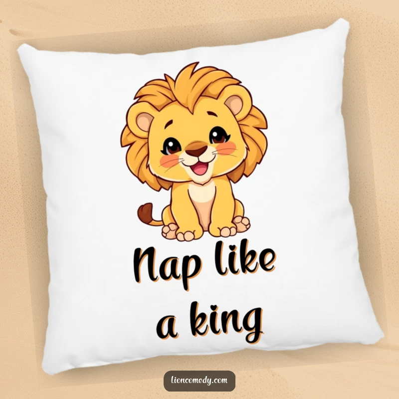 Funny Pillow with a playful lion cub sticking its chest out, showing off its proud mane, adding a touch of humor.