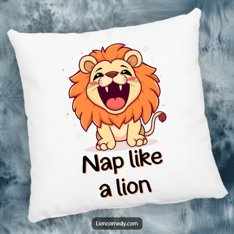 Funny kawaii lion roaring with exaggerated joy, sparkling background, offering comfort and a burst of happiness on a soft pillow.