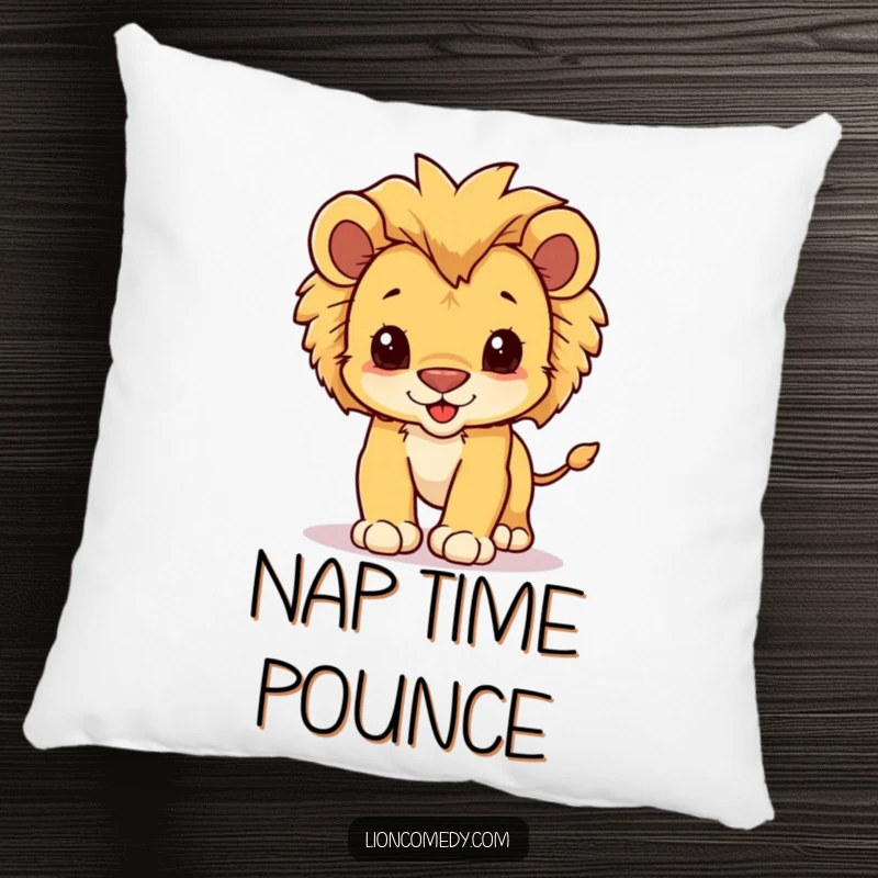 Funny pillow with a kawaii lion cub, fluffy mane, and playful pounce, offering cute and soft decor.