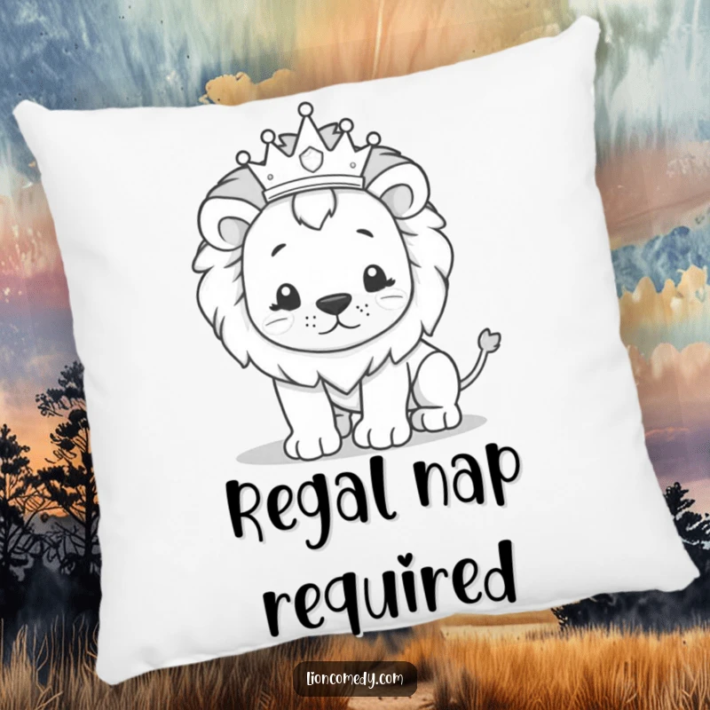 Funny kawaii lion pillow featuring a cute crowned lion exuding regality, then hilariously stumbling, adding comfort and humor.