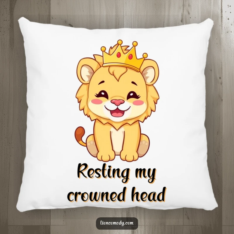 Funny Pillow featuring a lion cub wearing a tiny crown with a silly grin, perfect for adding regal humor.