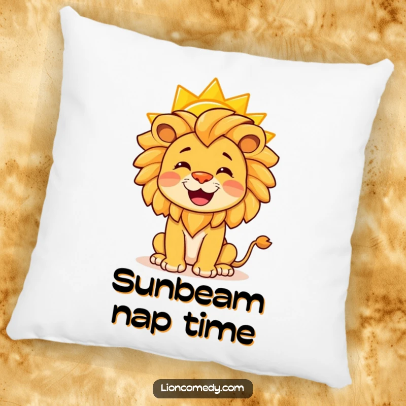 Funny pillow showing a contented lion with a bright yellow sun balanced perfectly on its nose.