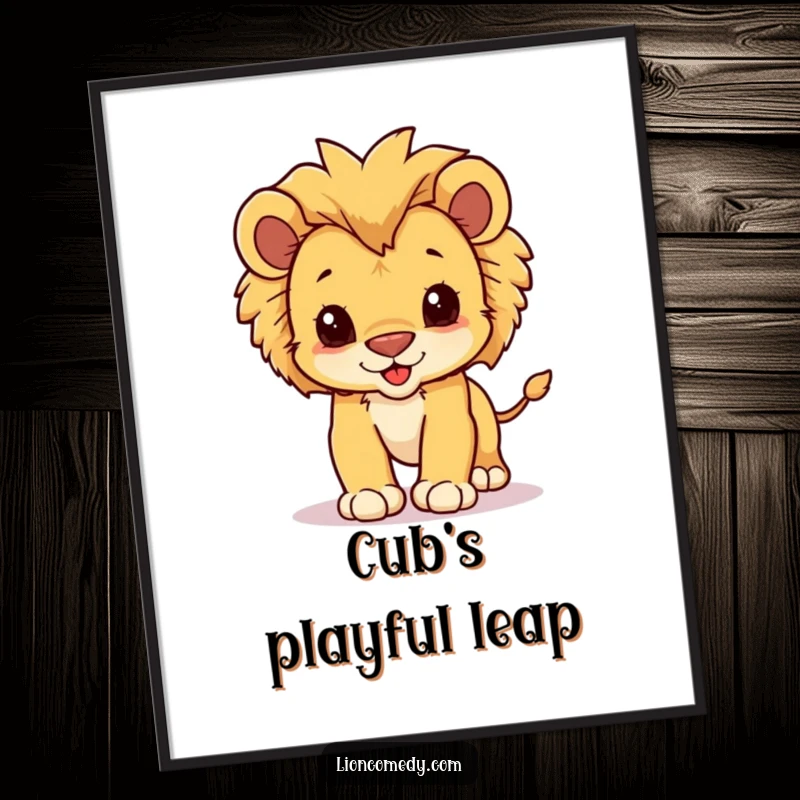 Funny digital art print of a kawaii lion cub with a fluffy mane, playfully pouncing forward.