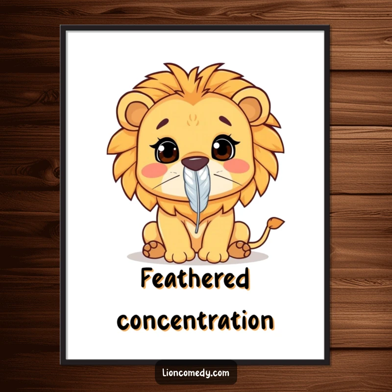 Funny Kawaii lion digital art print of a lion concentrating on balancing a feather on its nose. Instant download for humorous decor.