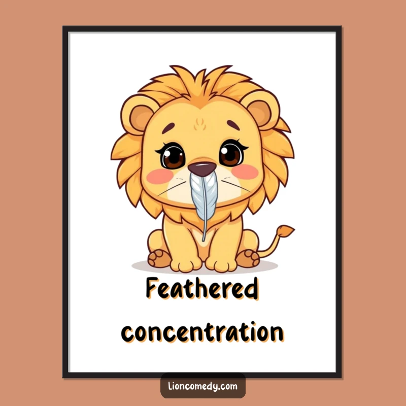 Funny Kawaii Lion Digital Art: Feather Focus, Instant Humorous Download