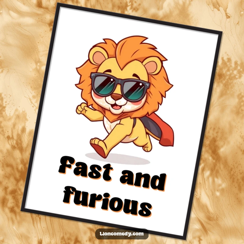 Funny kawaii lion digital art print of a cool lion in shades, running with a cape flowing, perfect for energetic decor.