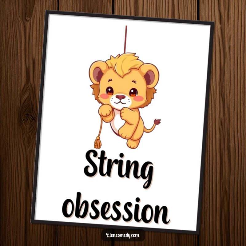 Funny kawaii lion cub digital art print of a cub playfully pouncing on a string, perfect for adding a dose of cute humor.
