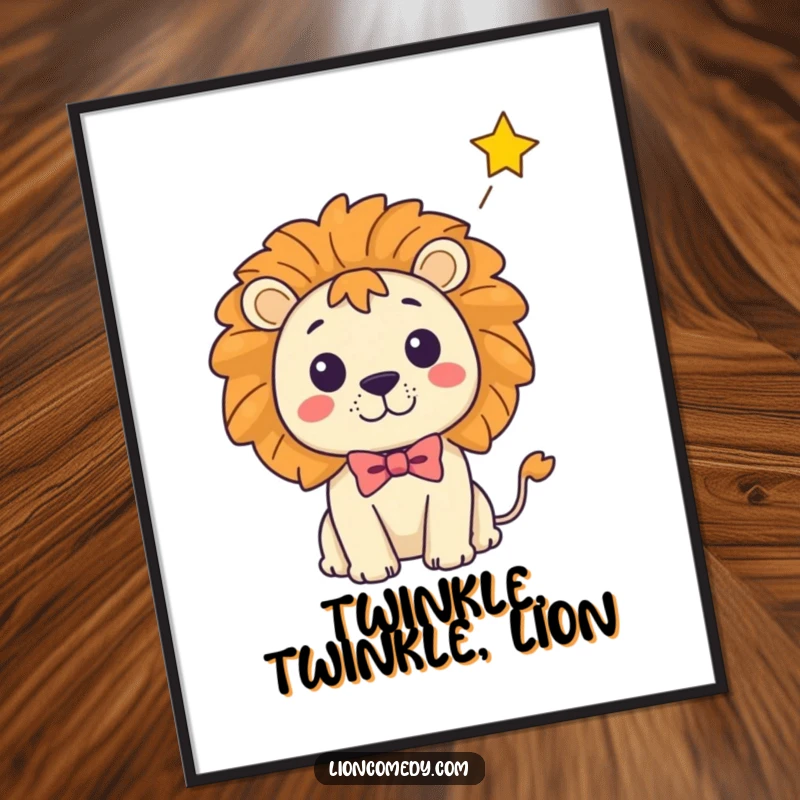 Funny Kawaii Lion Digital Art: Surprised lion in bow tie with falling star, downloadable humor for decoration.
