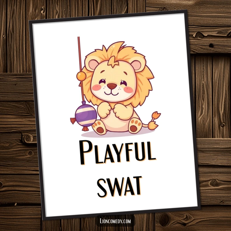 Funny digital art print of a kawaii lion batting at a dangling string toy with playful paws.