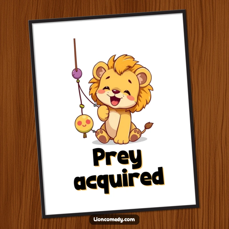 Funny lion cub digital art print of a cub joyfully batting at a dangling string toy with its paws, full of playful energy.