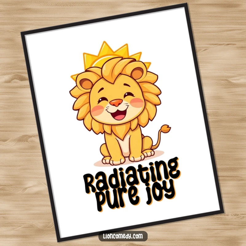 Funny digital art of a joyful lion balancing a vibrant yellow sun on its nose, radiating happiness and light.