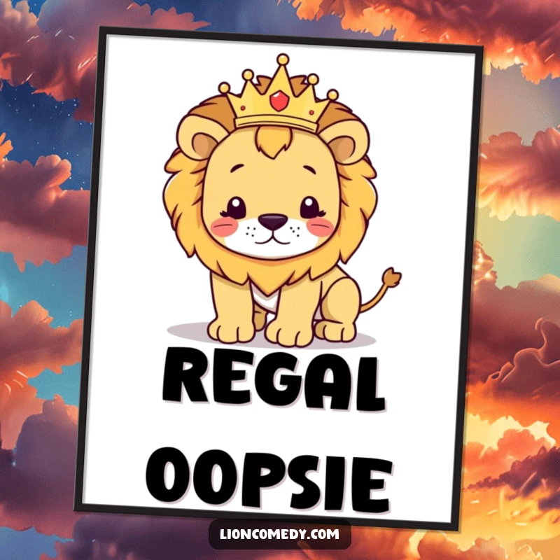 Funny kawaii lion digital art print of a crowned lion looking regal, then humorously stumbling, ideal for artistic and comedic decor.