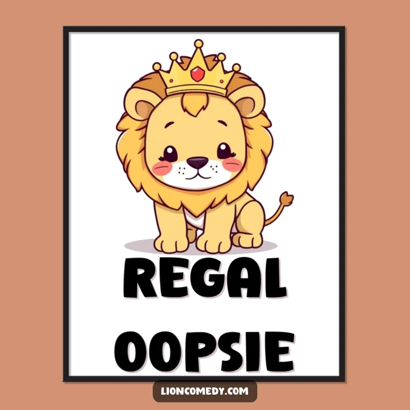 Funny Regal Lion Stumbling Digital Art: Crowned Cub Printable for Royal Humor