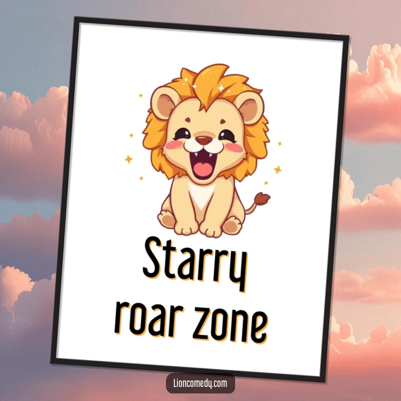 Funny Digital Art Print: A roaring lion cub with tiny stars and sparkles around its mane, capturing fierce, playful energy.