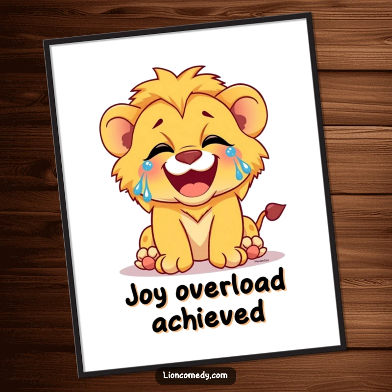 Funny digital art print of a lion cub laughing with tears of joy, perfect for joyful decor.