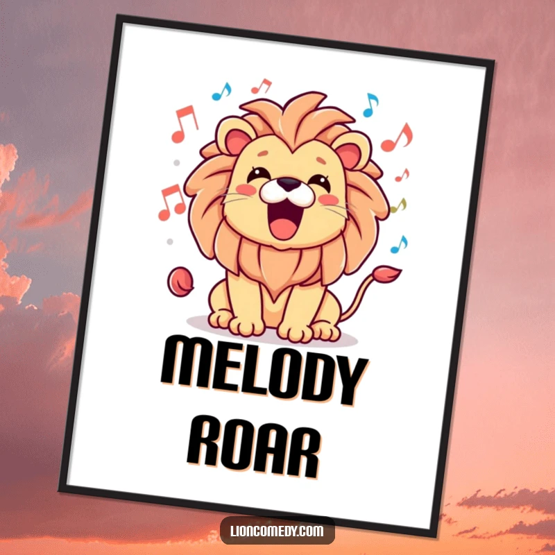 Funny digital art print of a kawaii lion roaring happily, with musical notes, perfect for musical decor.
