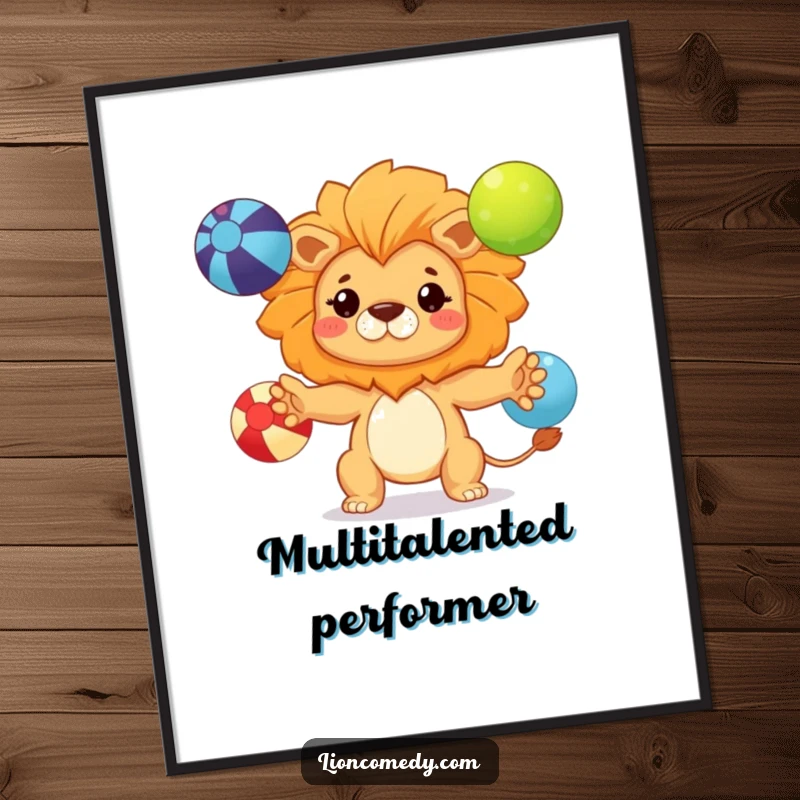 Funny kawaii lion digital art print of a determined cub juggling three colorful balls, perfect for inspiring decor.