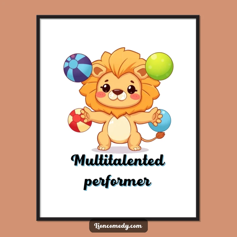 Funny Kawaii Lion Juggling Digital Art: Determined Cub Printable for Inspiring Decor