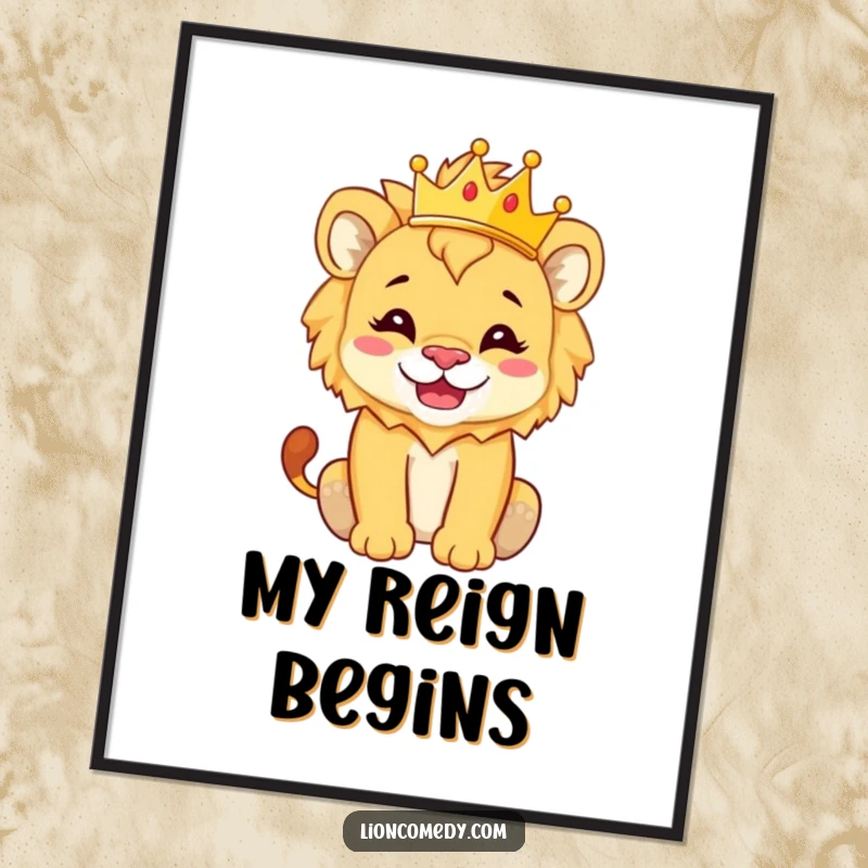 Funny Digital Art Print of a lion cub with a silly grin, balancing a tiny crown, exuding hilarious regal charm.