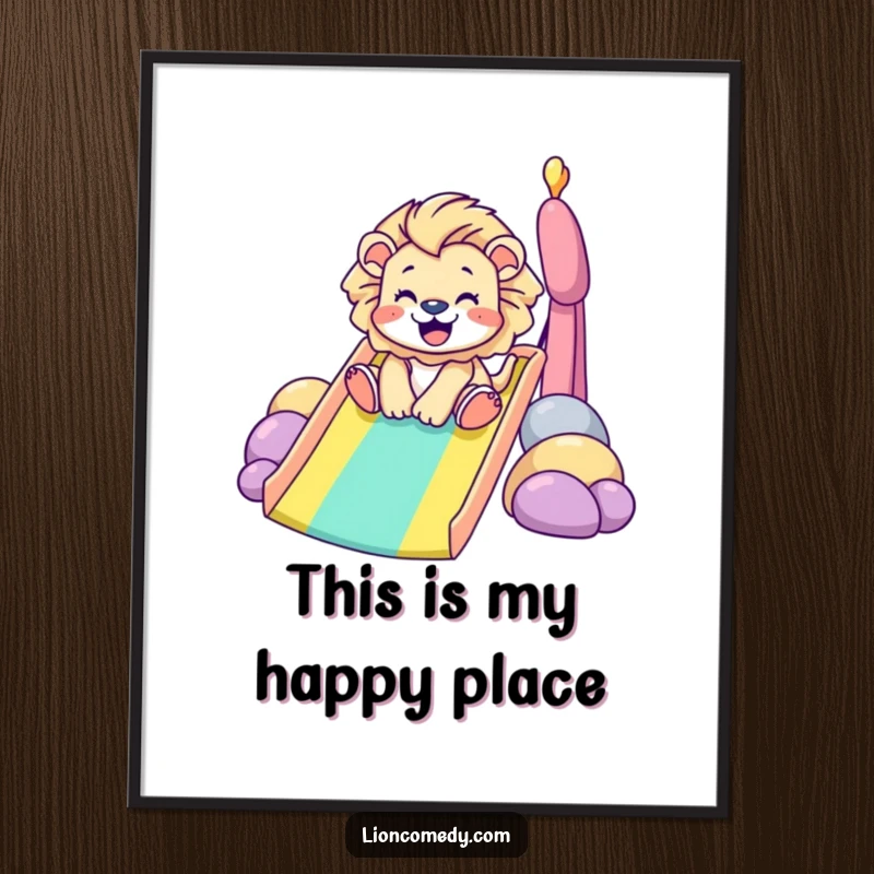 Funny Digital Art: A tiny lion gleefully slides down a rainbow, radiating pure happiness. A downloadable, humorous artwork for instant joy.